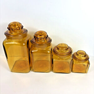 Vtg LE SMITH Amber Dakota Square Glass Canister Set of 4 Apothecary Jars READ